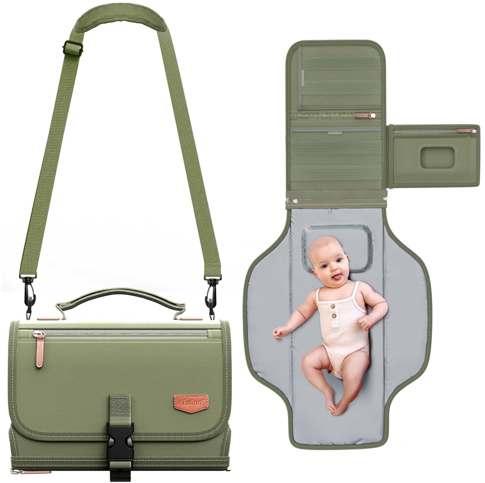 Alatino portable changing pad army green folded with cushioned head support.