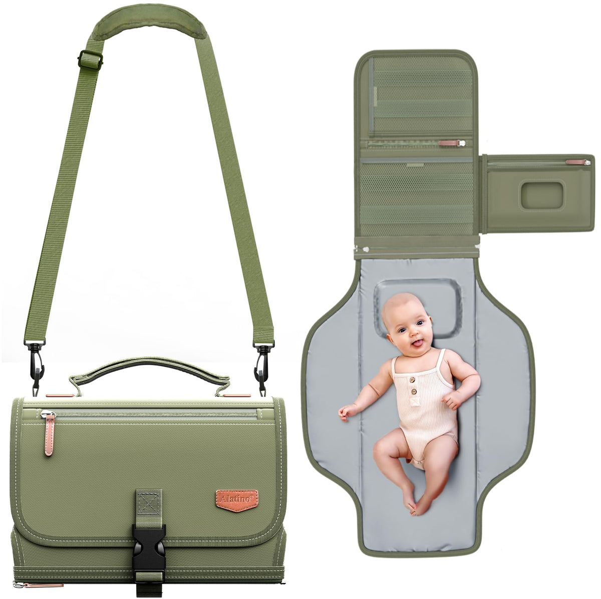 Alatino portable changing pad army green folded with cushioned head support.