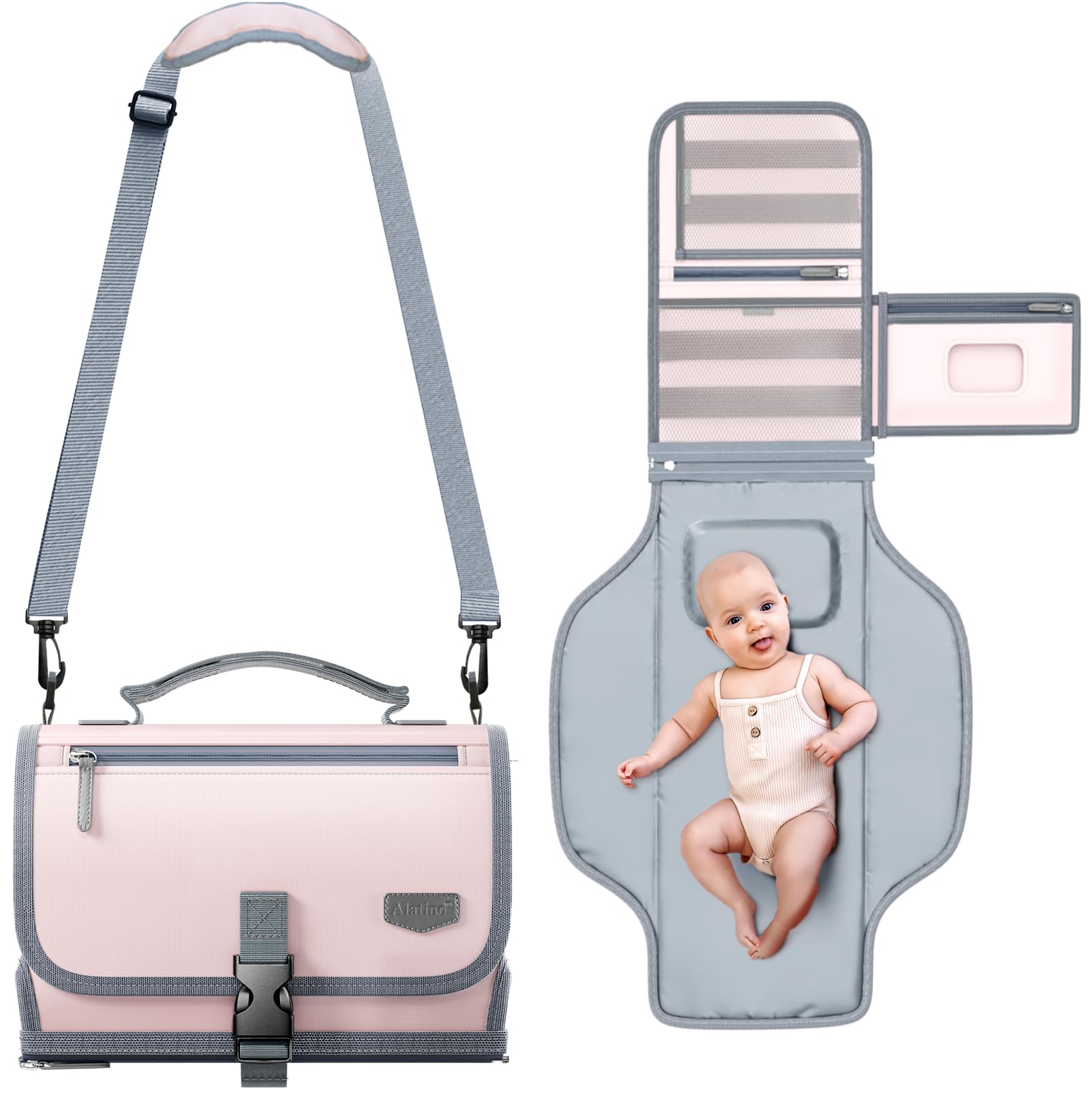 Alatino portable changing pad folded travel case provides compact storage on trips.