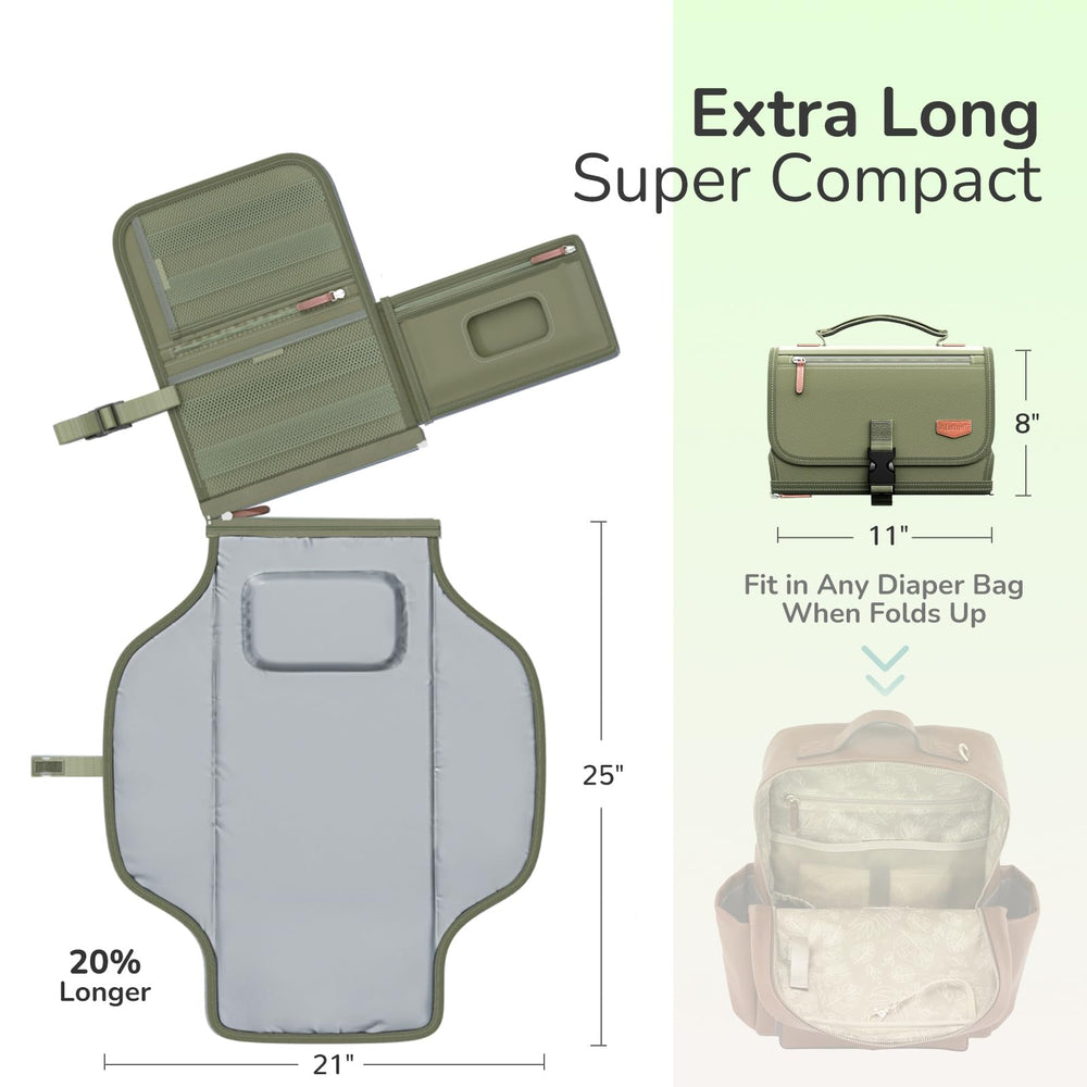 Alatino travel changing pad with wipes pocket shown in use.