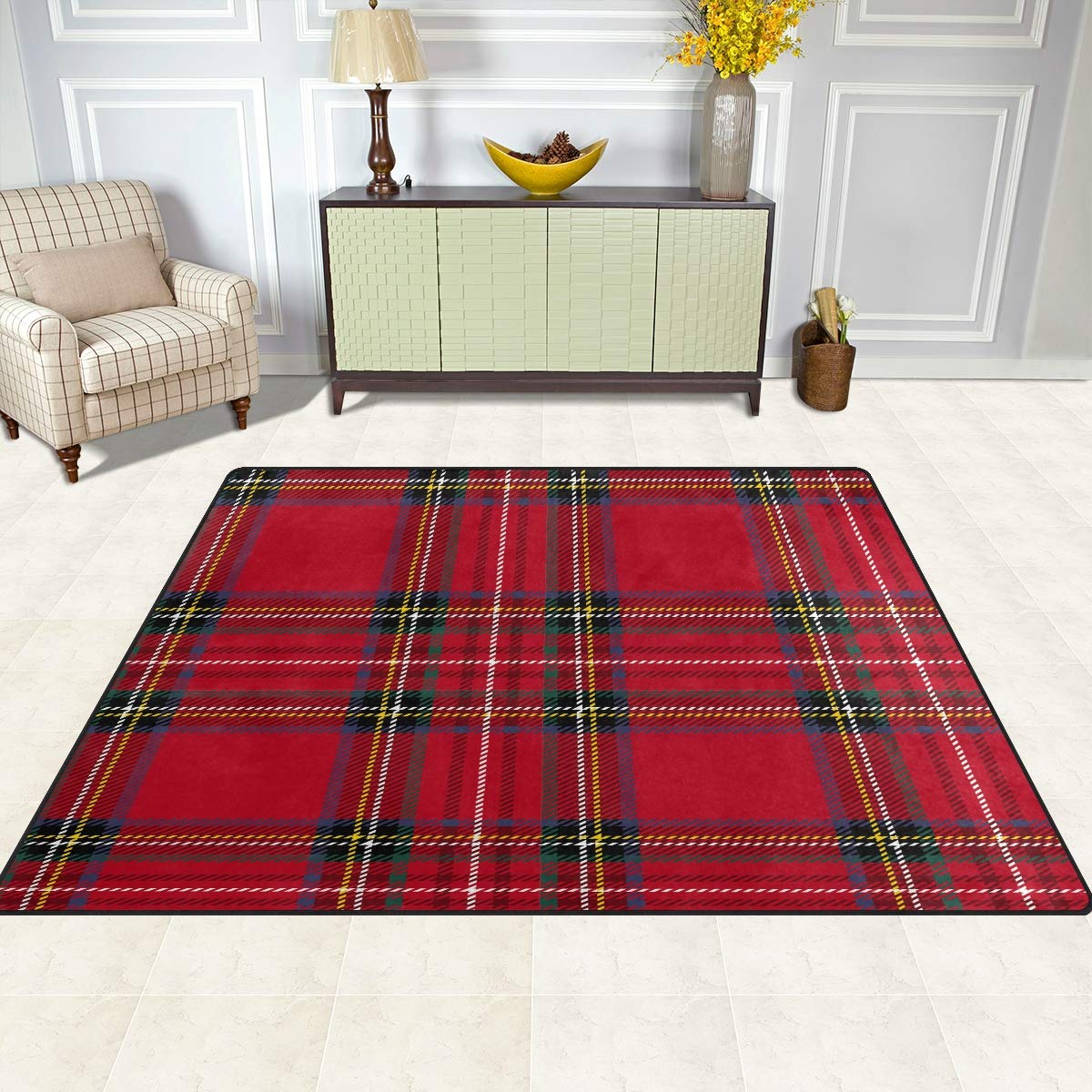 ALAZA home decoration plaid mat in living room highlighting soft touch and easy cleaning.