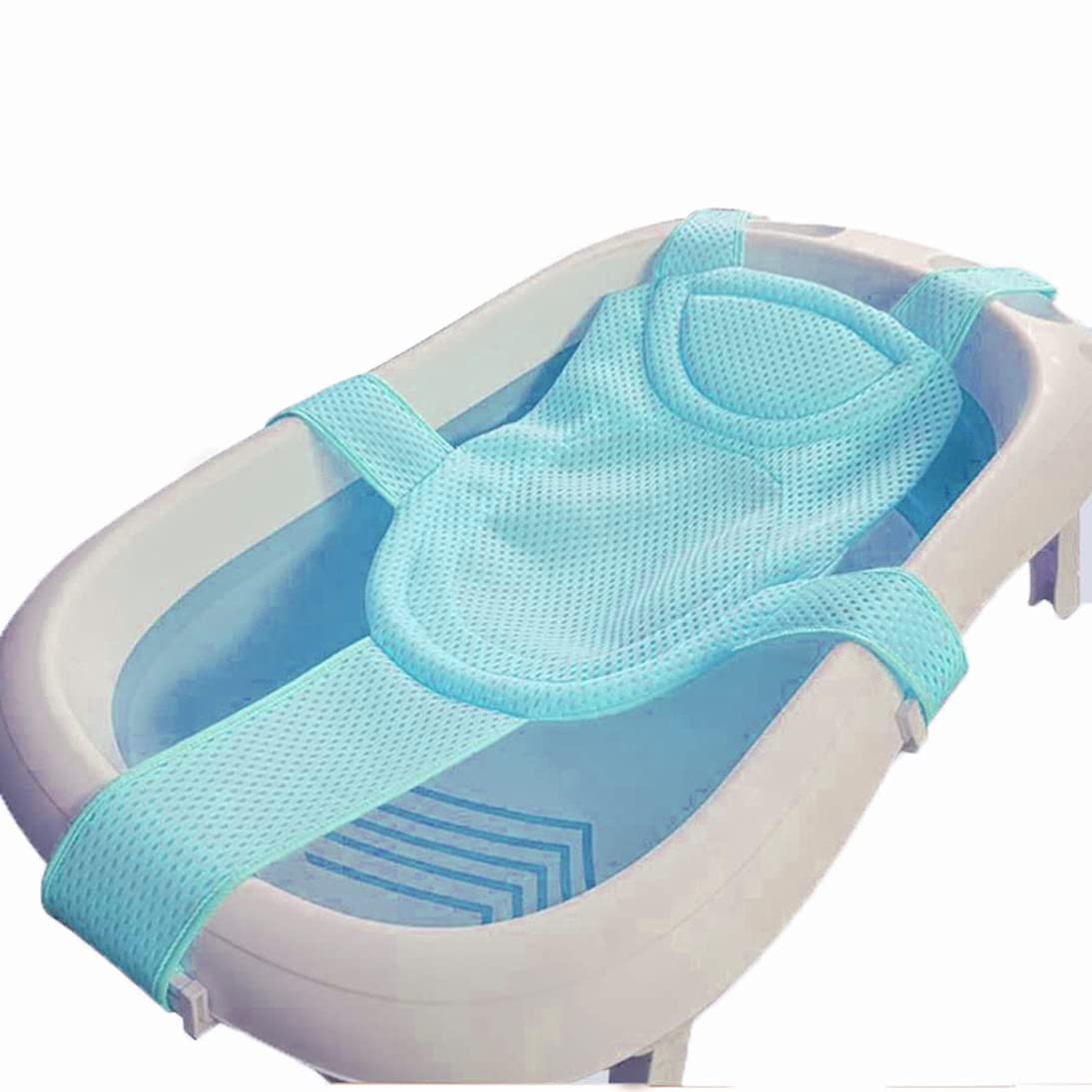 ALEDLE-LIFE breathable mesh newborn bath mat blue, front view, ergonomic support during bath
