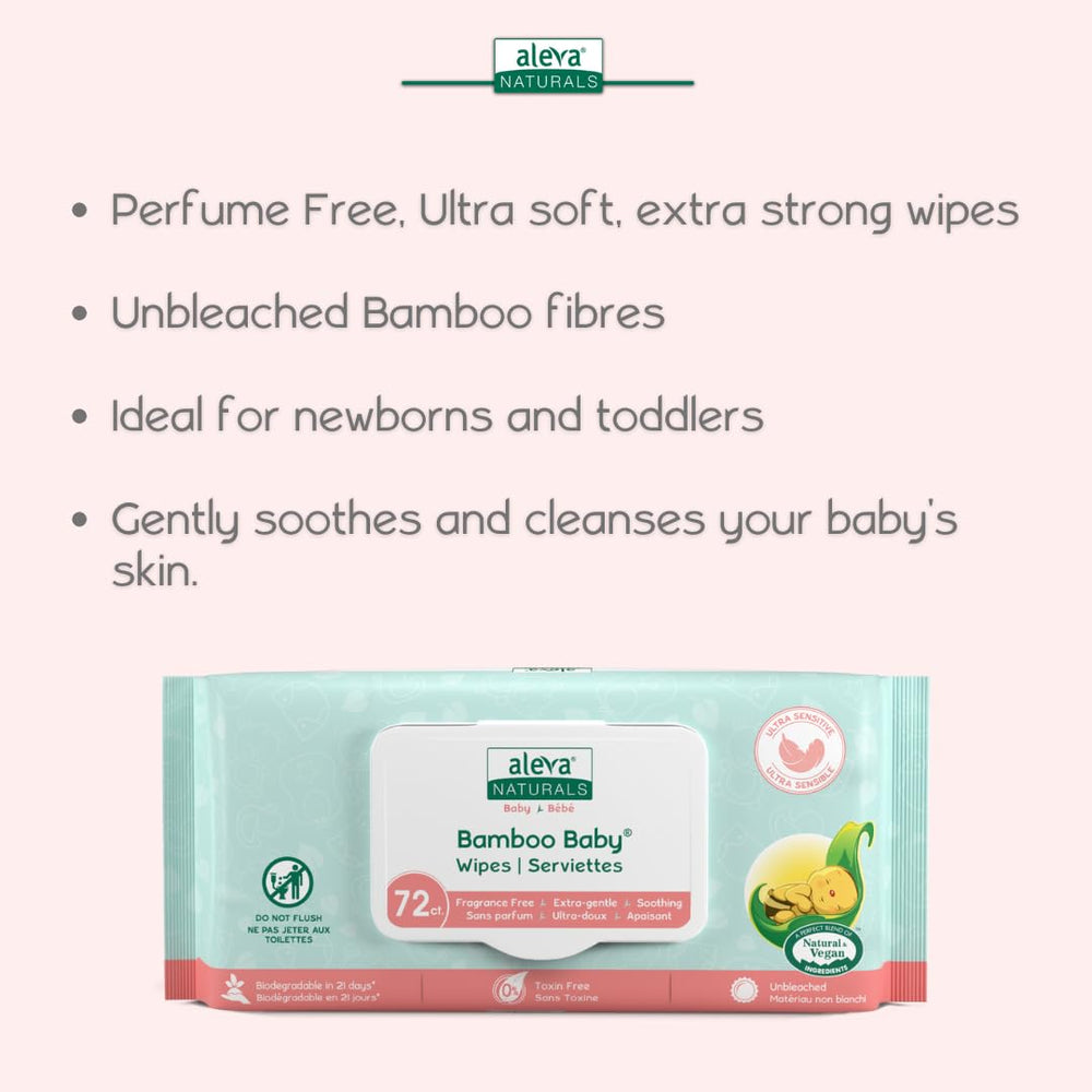 Aleva Naturals Bamboo Baby Sensitive Wipes fragrance-free formulation for sensitive skin care routines.