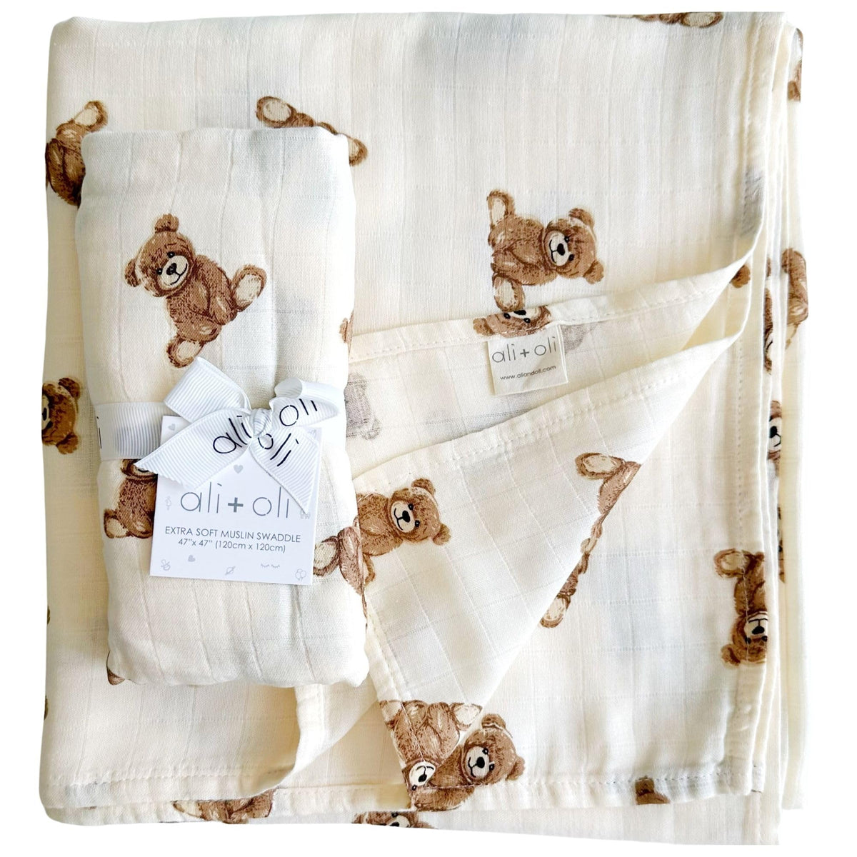 Ali+Oli teddy bear muslin swaddle blanket folded for newborn comfort