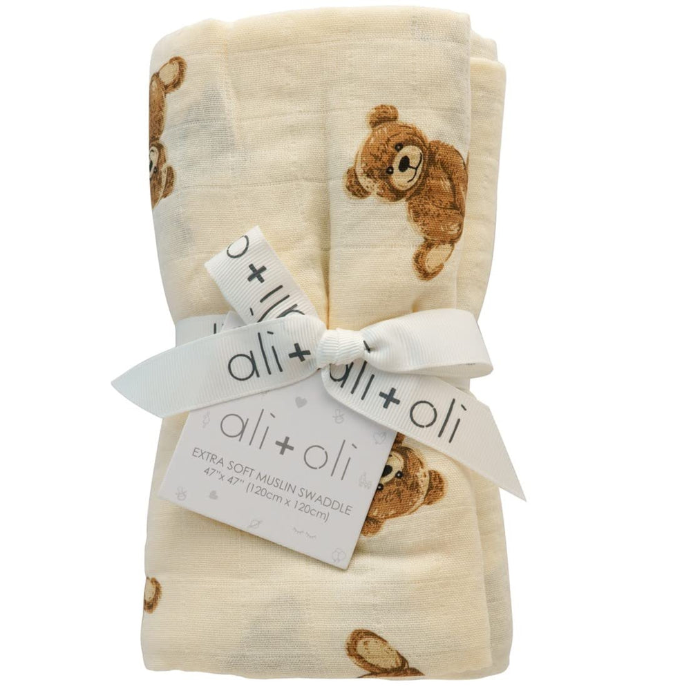 Ali+Oli large 47x47 swaddle blanket laid flat for full-body coverage