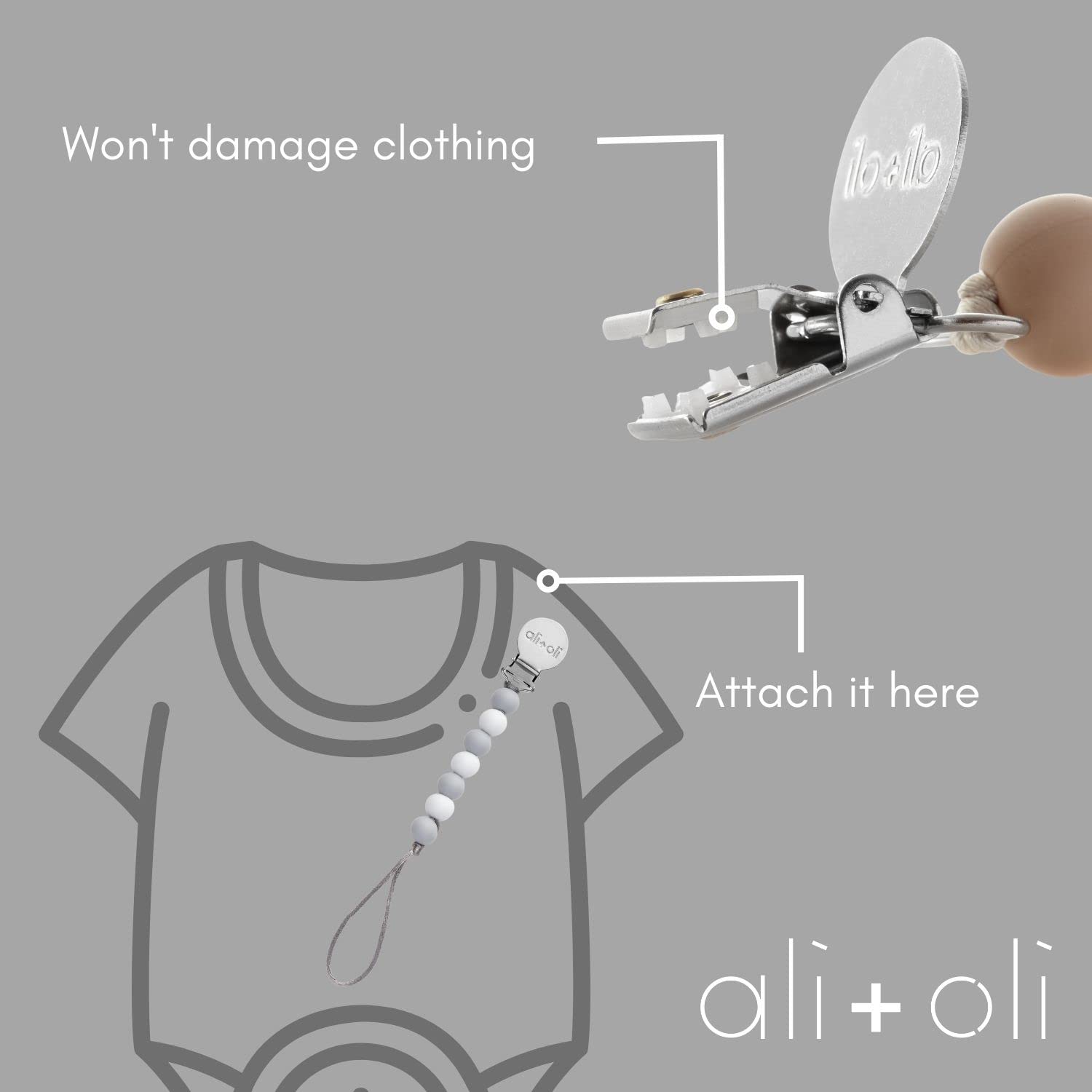 Ali+Oli pacifier clip on-the-go keeps pacifier ready off the floor.