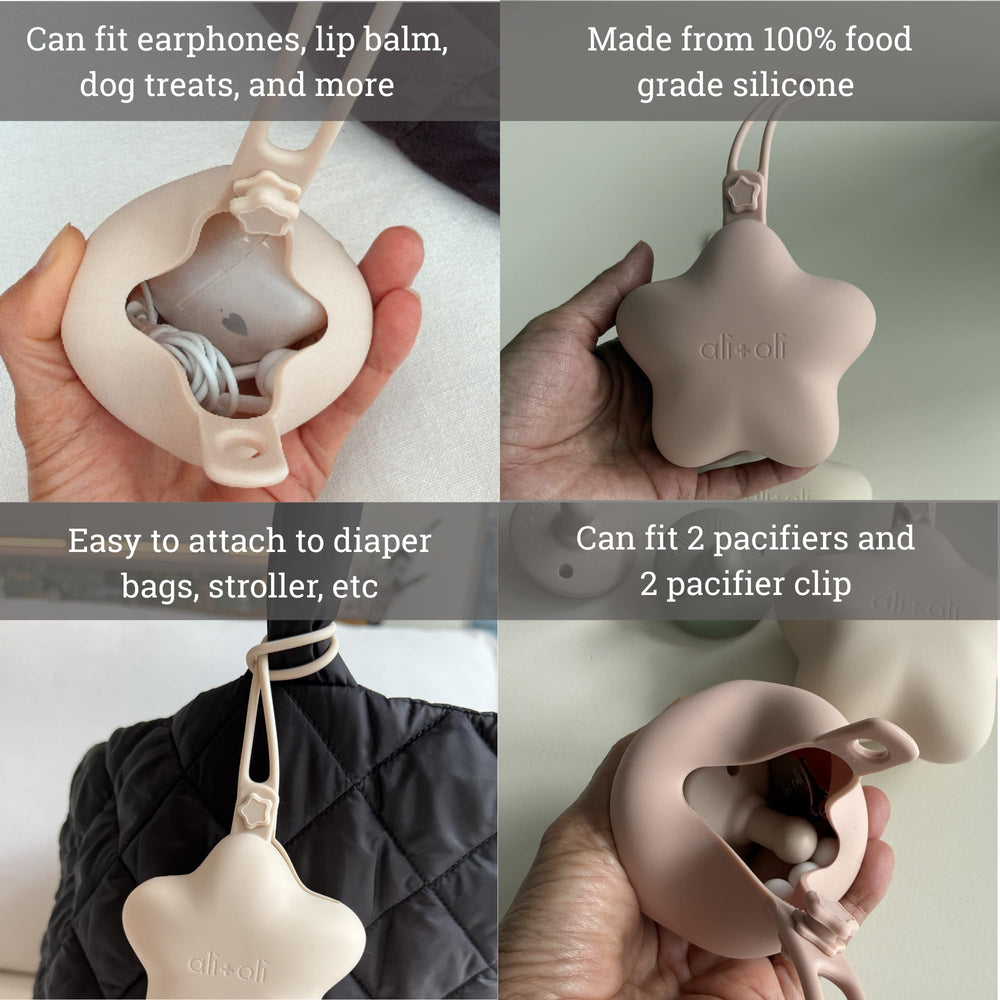 Ali+Oli silicone pacifier holder case holds two pacifiers, reducing search time during outings.
