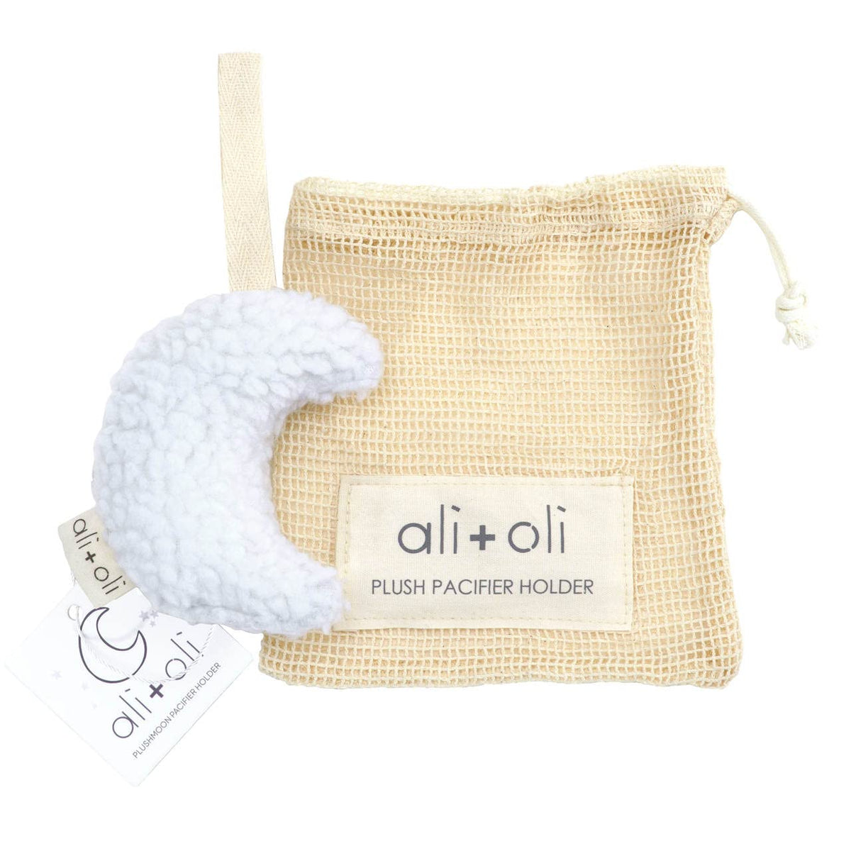 Ali+Oli moon-white plush pacifier holder closeup highlighting soft polyester comfort