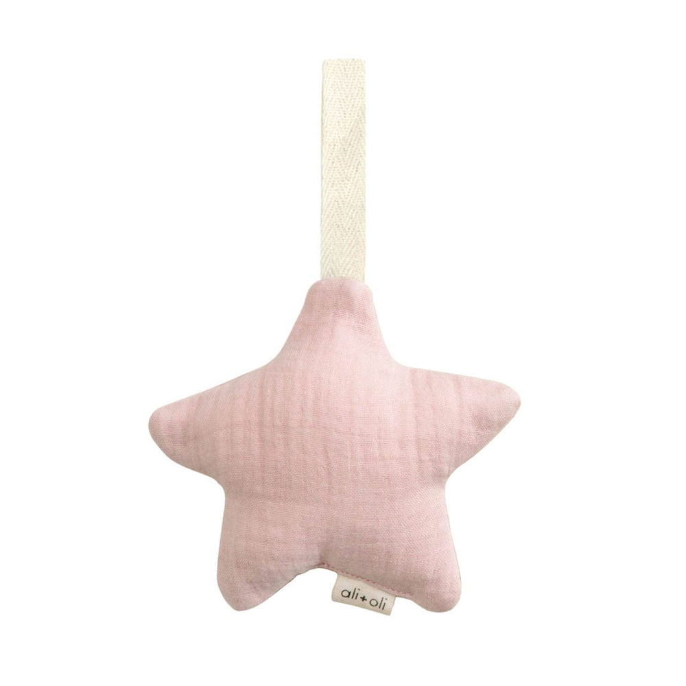 Ali+Oli plush pacifier holder moon-white doubles as a soothing toy and decor.