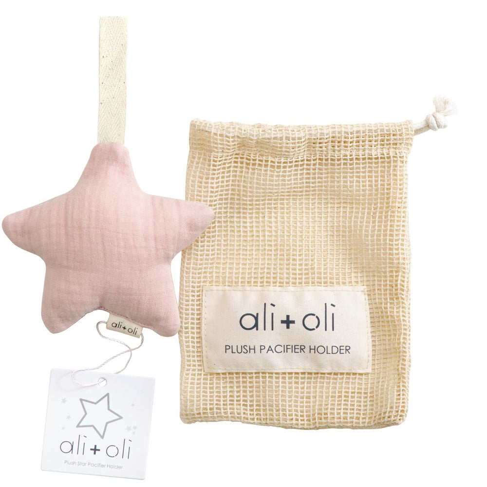 Ali+Oli plush pacifier holder star-pink keeps pacifiers clean and within reach.