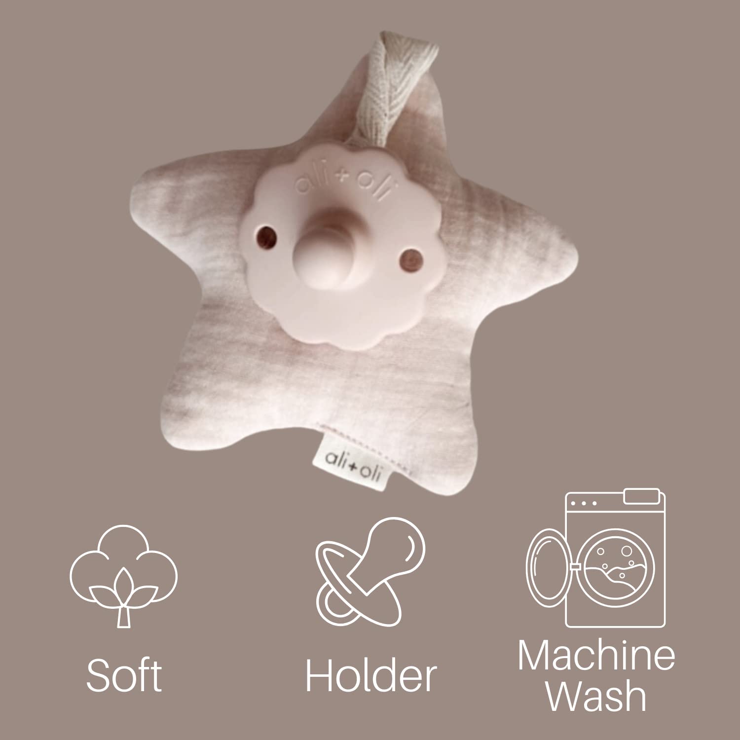 Ali+Oli plush pacifier holder star-sand adds cute nursery decor while staying practical.