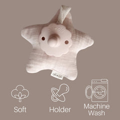 Ali+Oli plush pacifier holder star-sand adds cute nursery decor while staying practical.