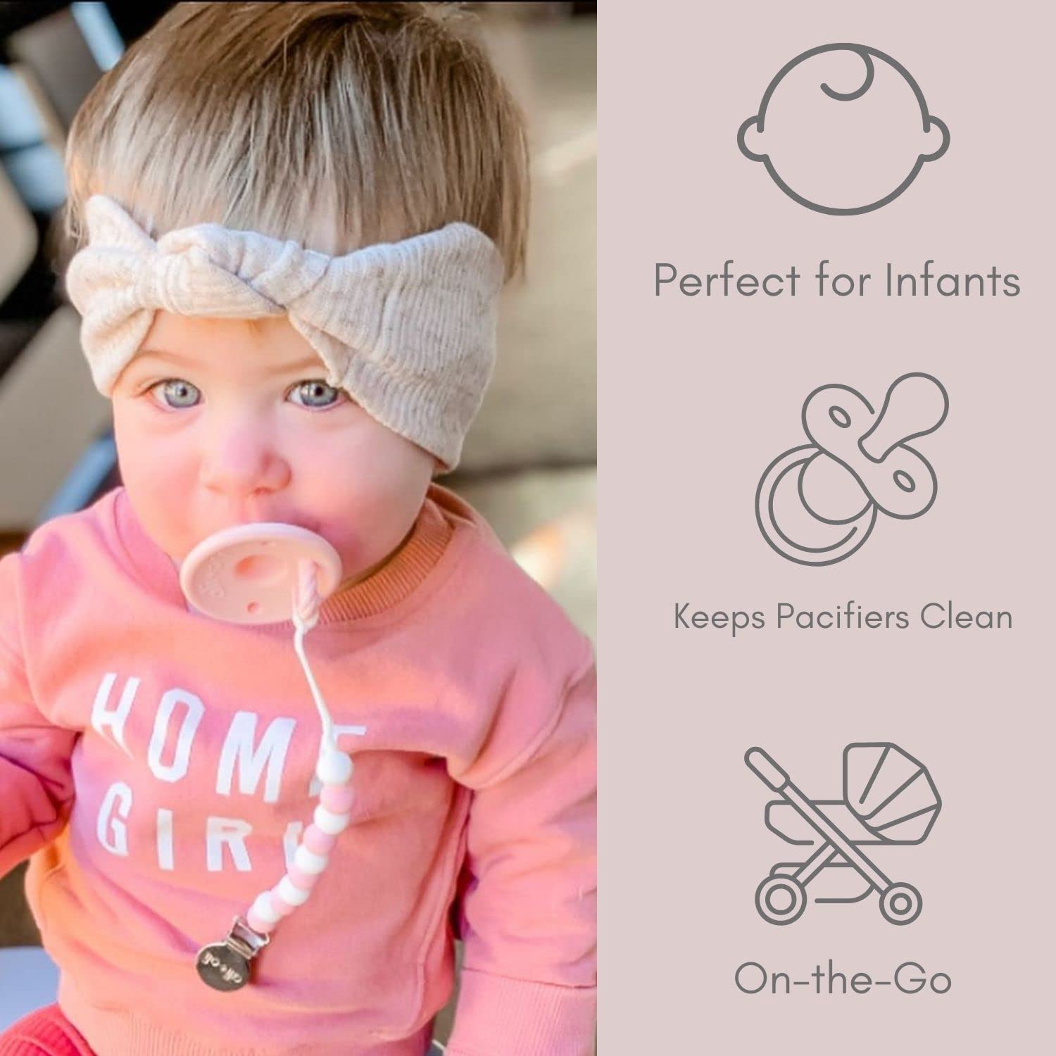 Ali+Oli pacifier clip with matte pink colors suits modern nurseries and outfits