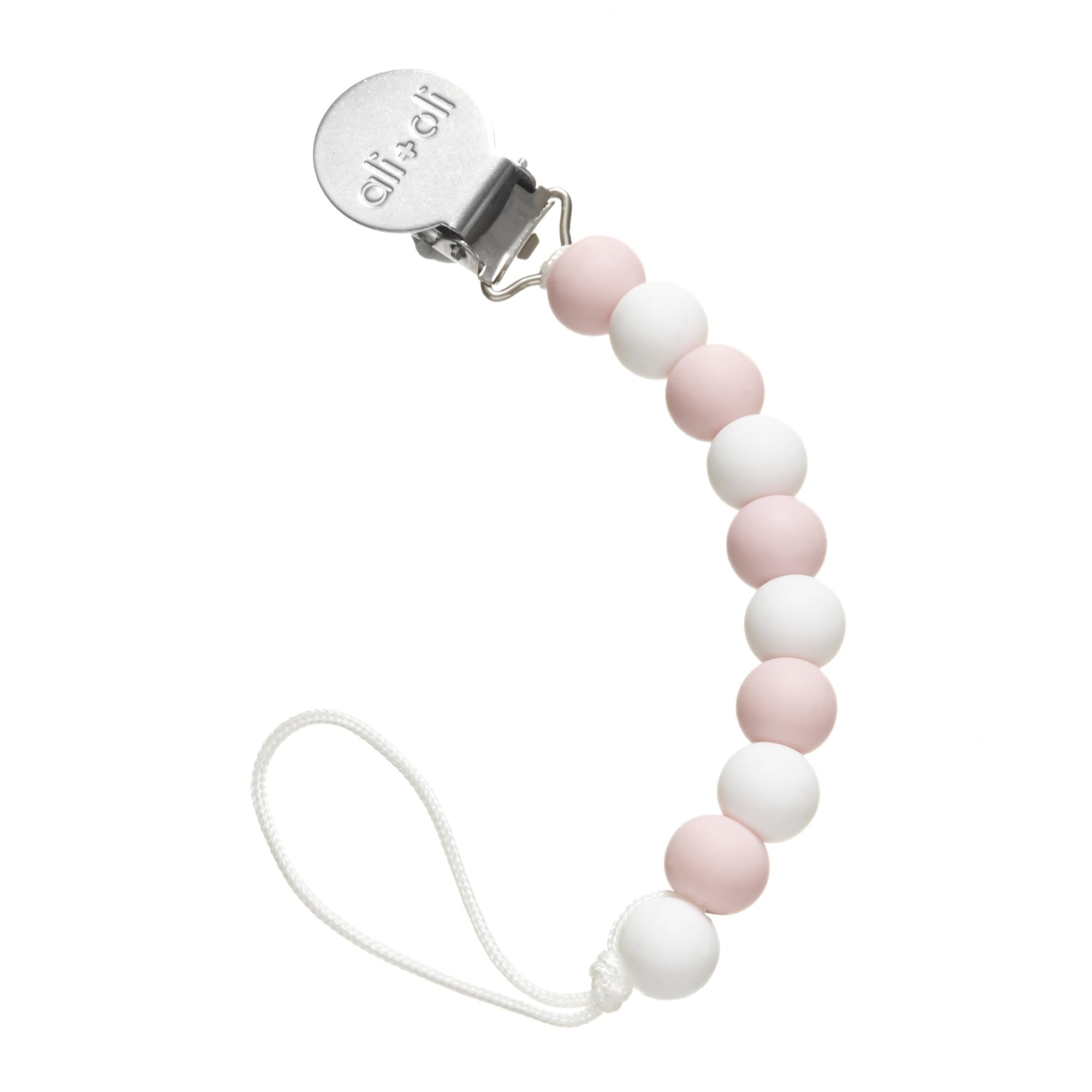 Ali+Oli silicone pacifier clip thin pink closeup, durable silicone helps keep pacifiers within easy reach