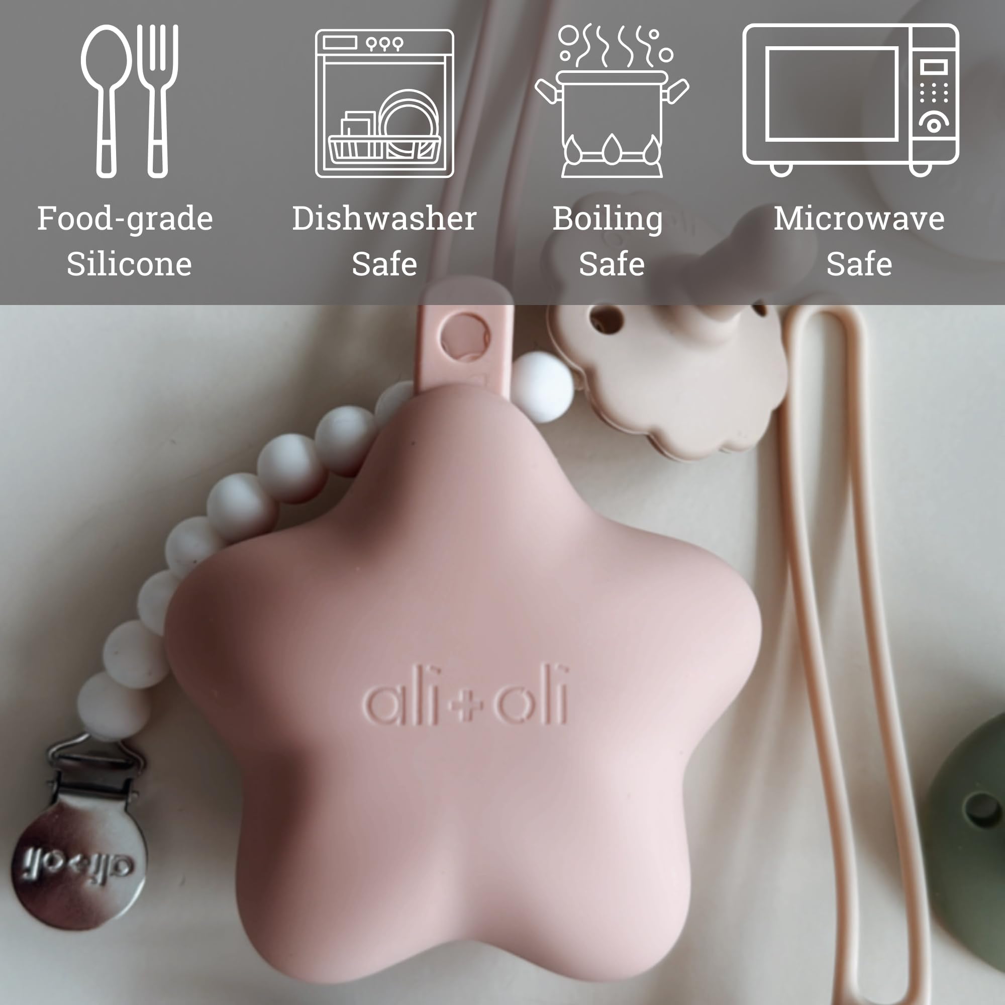 Ali+Oli BPA-free silicone case with soft texture is gentle on baby's skin.