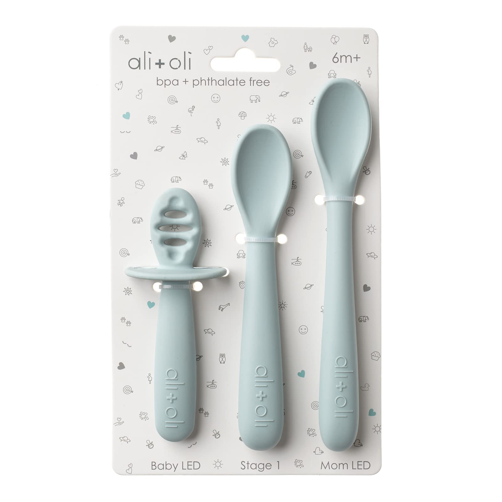 Ali+Oli blue silicone spoon set collection for growing babies, comfortable grip