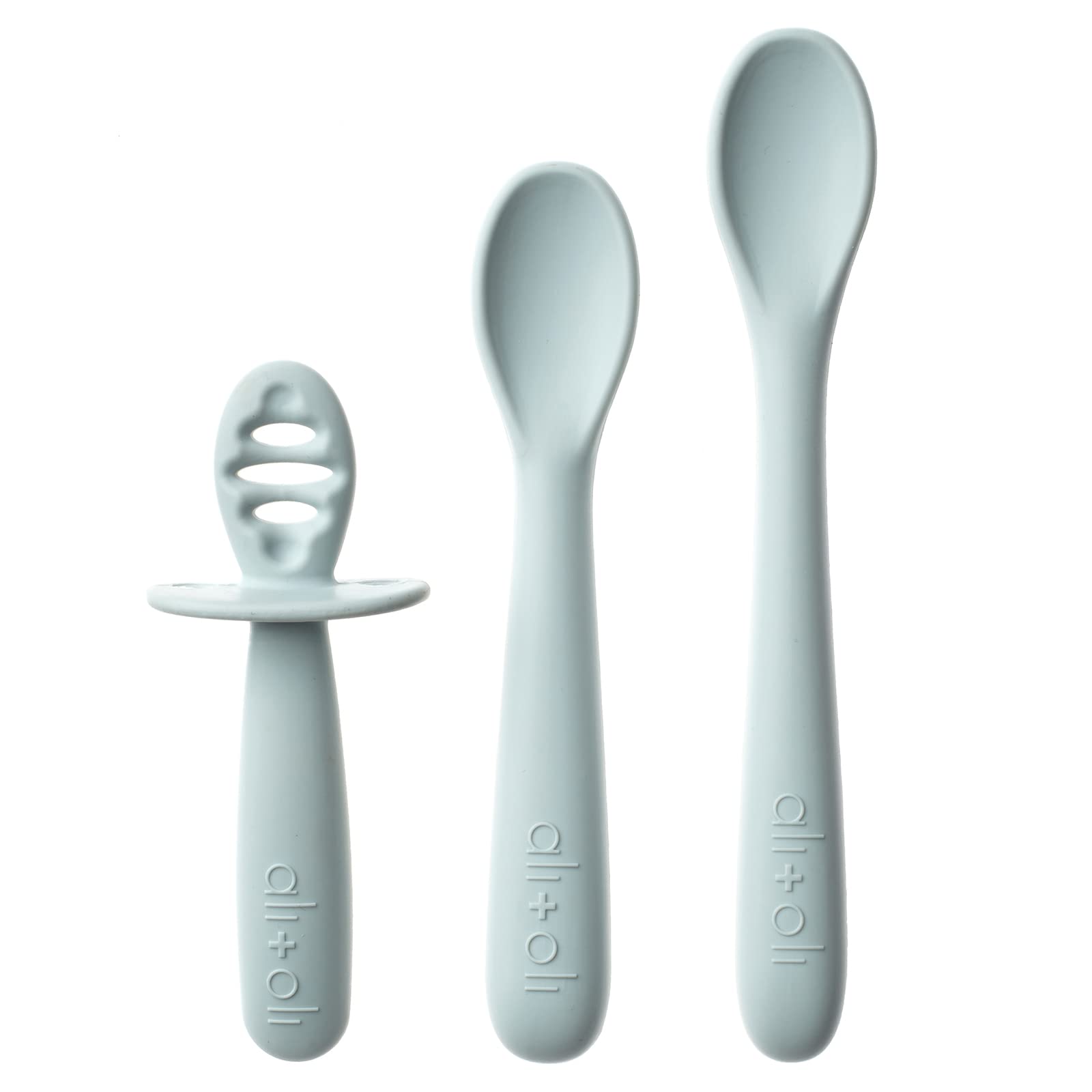 Ali+Oli blue silicone spoon with ergonomic handle for easier self-feeding