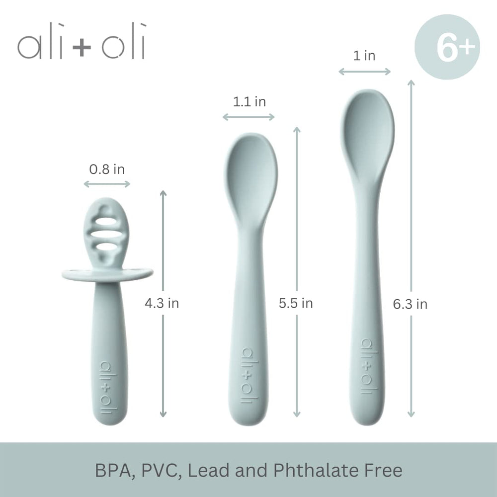 Ali+Oli blue silicone spoons with multi-stage design for growing infants