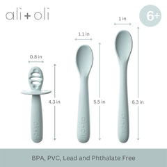Ali+Oli blue silicone spoons with multi-stage design for growing infants