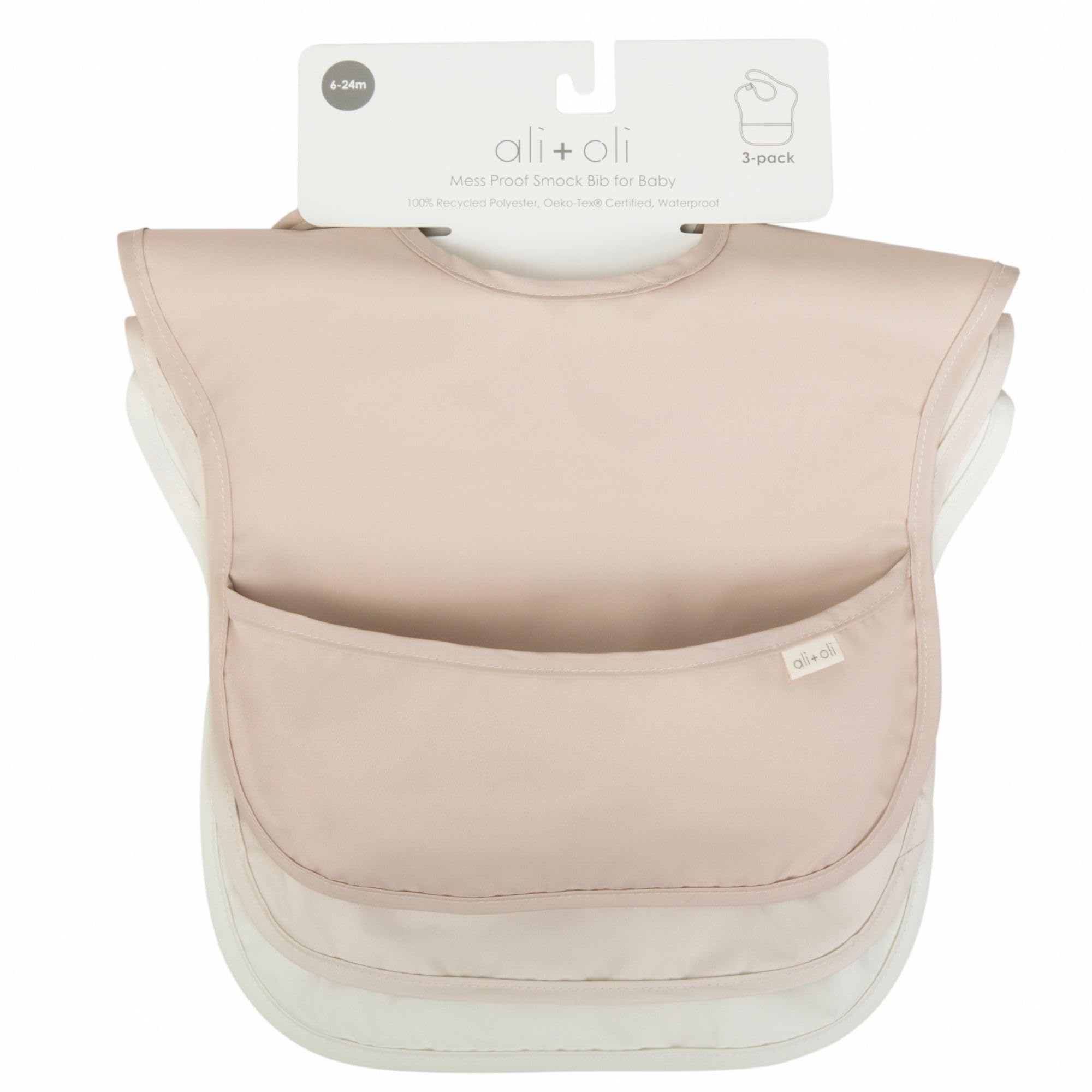 Ali+Oli Smock Bib in use during baby mealtime with a messy spread