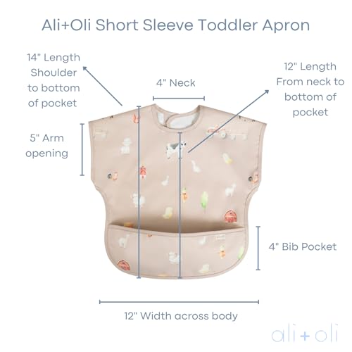 Ali+Oli Smock Bib Farm Pattern back highlights durable waterproof coating for quick cleanup