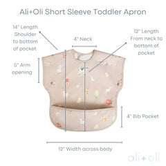 Ali+Oli Smock Bib Farm Pattern back highlights durable waterproof coating for quick cleanup