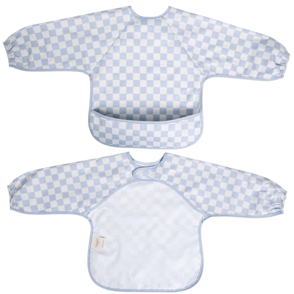 Ali+Oli Smock Bib long-sleeve blue checkers protects outfits during meals.