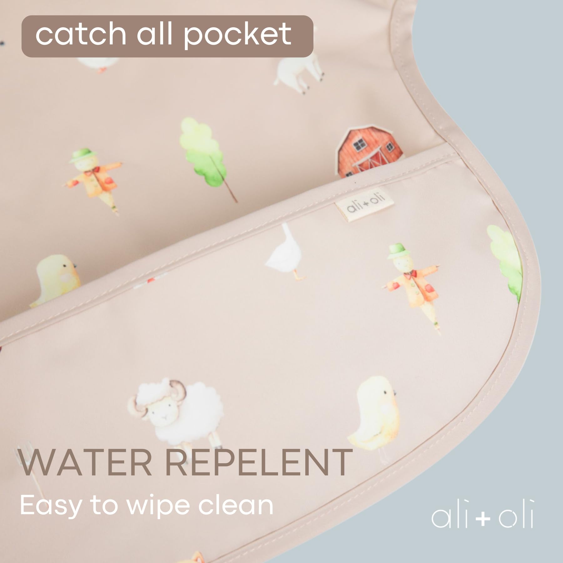 Ali+Oli Smock Bib machine-washable care makes cleanup simple after meals