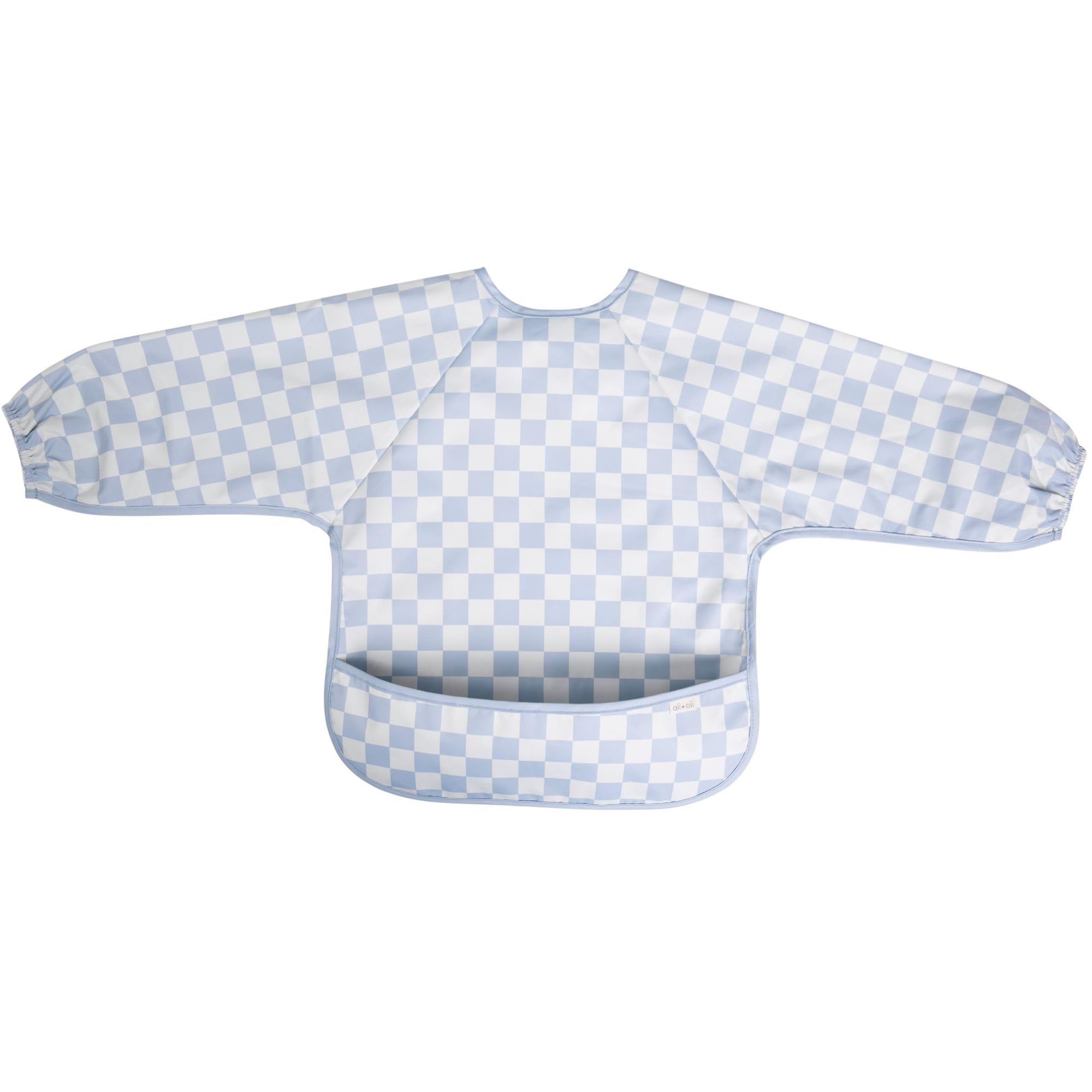 Ali+Oli Smock Bib mealtime mess capture demonstrates quick cleaning.