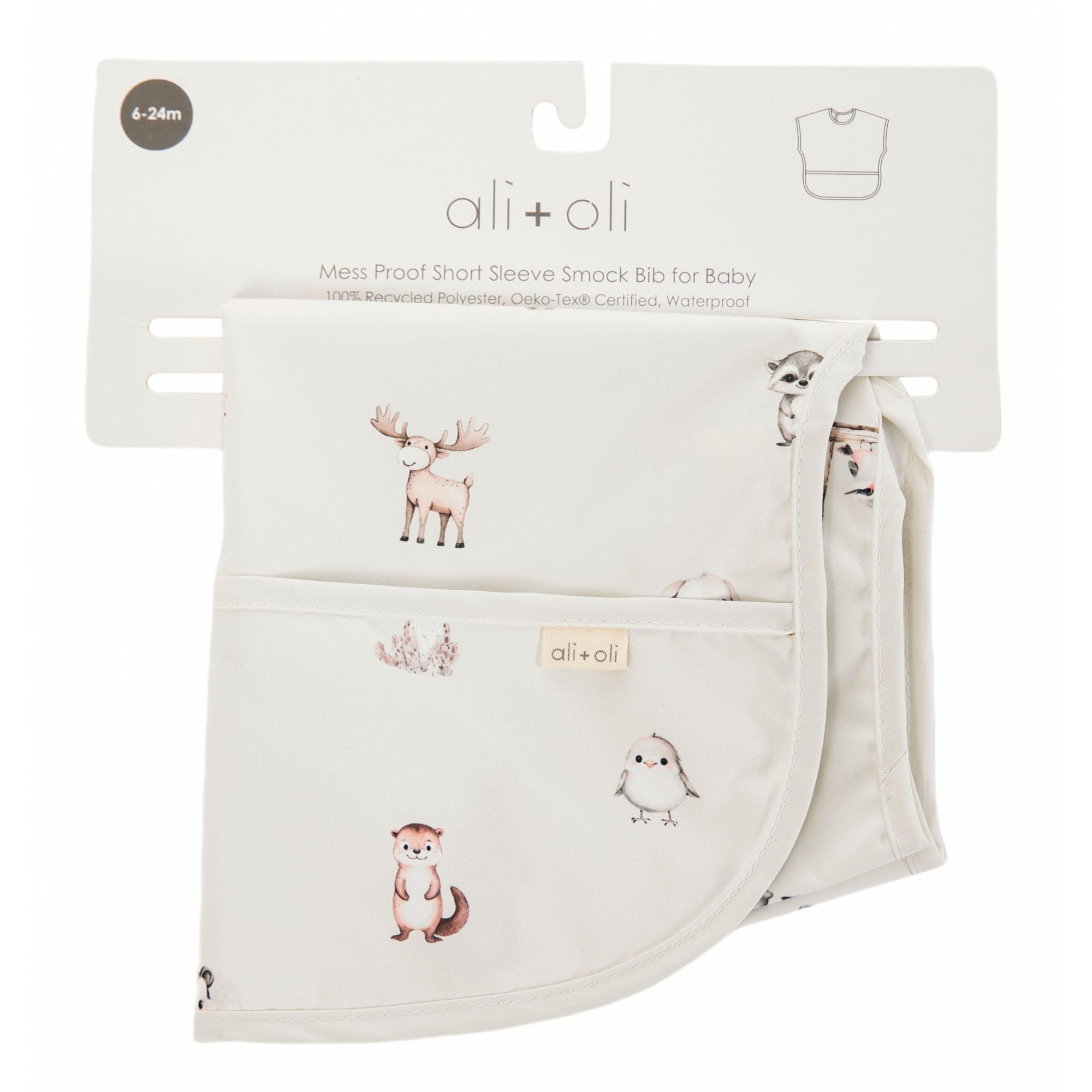 Ali+Oli Smock Bib mealtime use in action illustrates spill containment