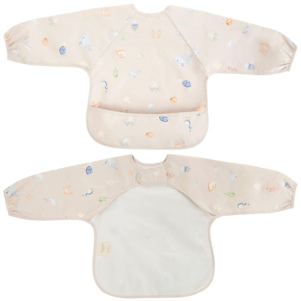 Ali+Oli Smock Bib Undersea long-sleeve front view offers waterproof protection during feeding.