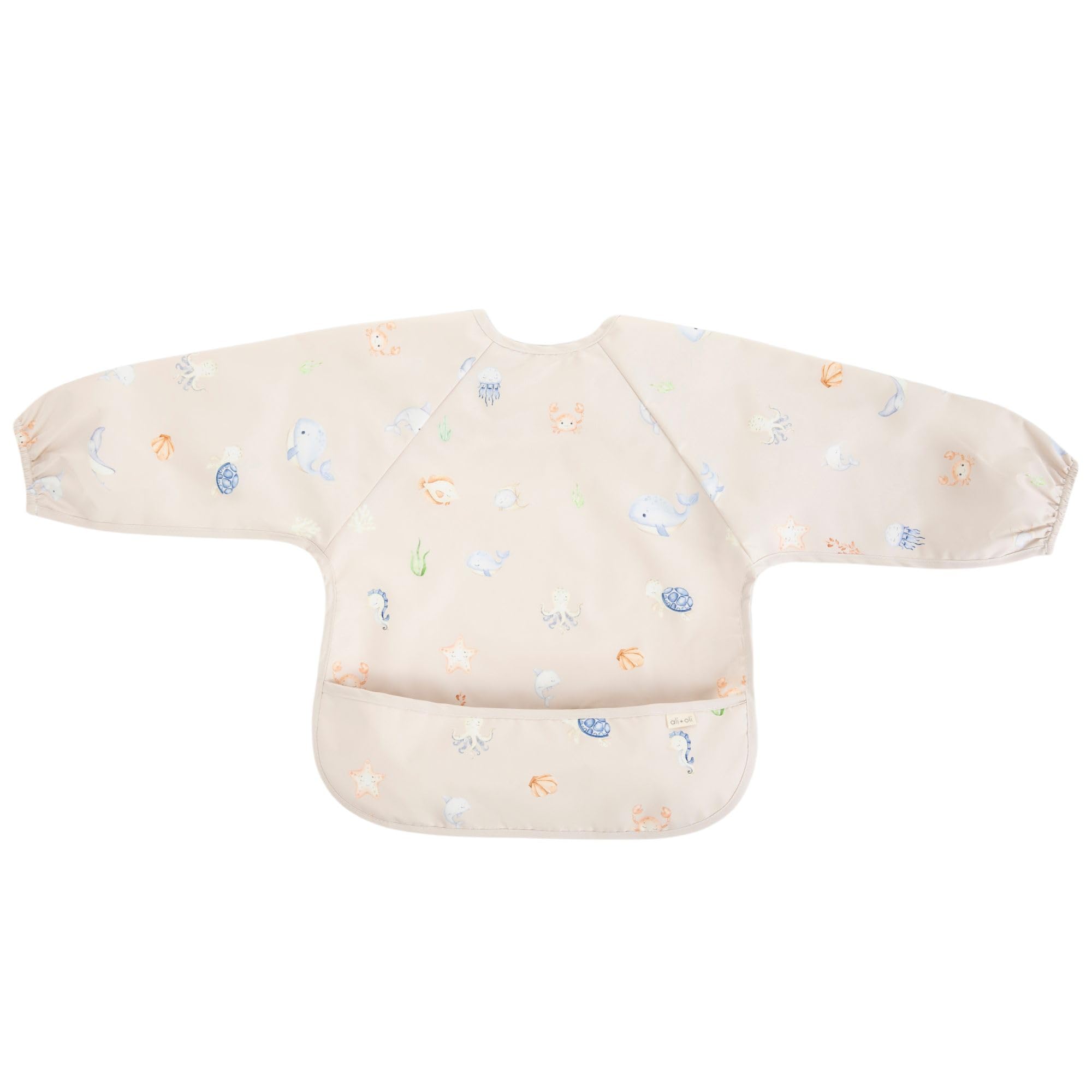 Ali+Oli Smock Bib Undersea long-sleeve worn image highlights soft neckline protecting baby skin.