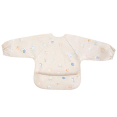 Ali+Oli Smock Bib Undersea long-sleeve worn image highlights soft neckline protecting baby skin.