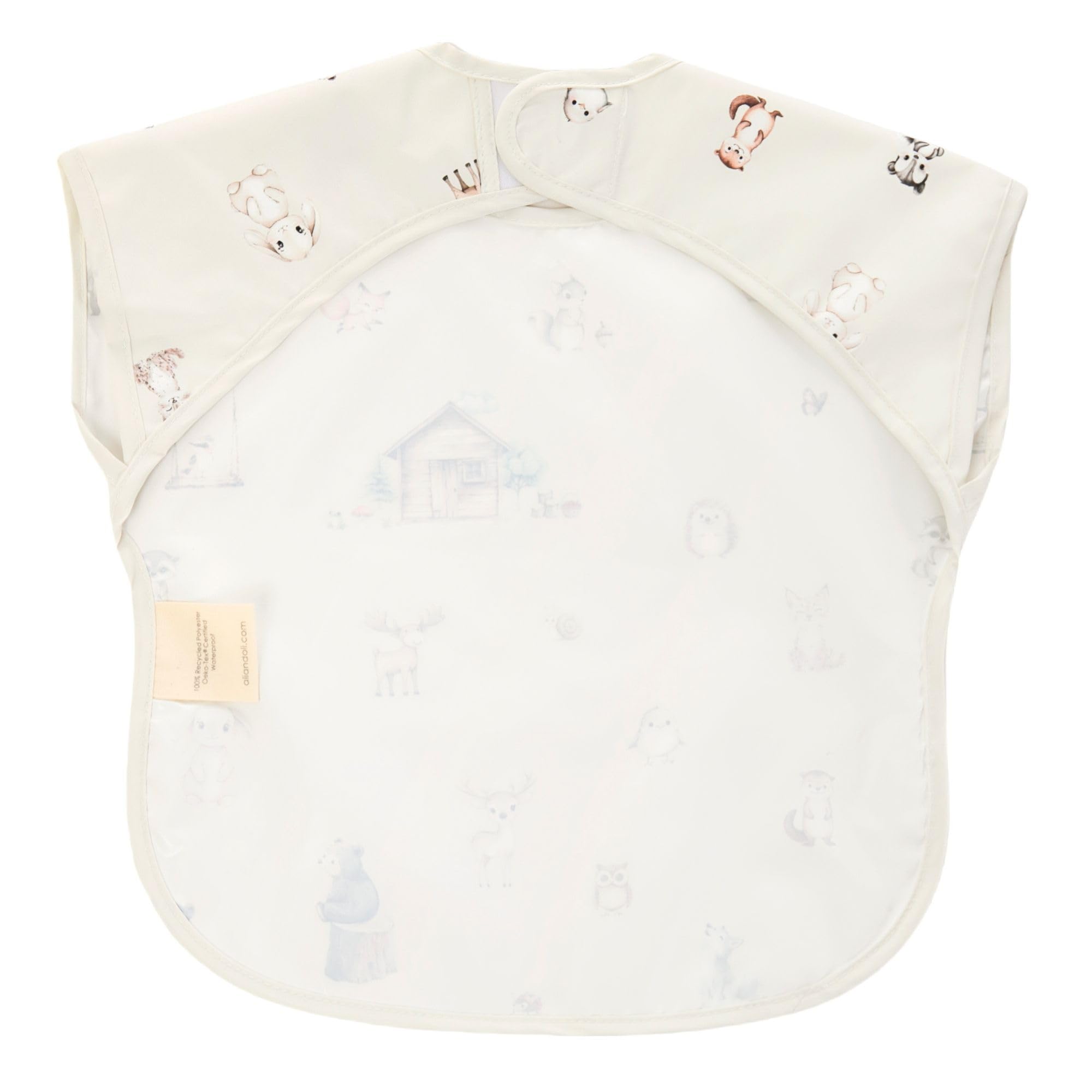 Ali+Oli Smock Bib Woodlands back view highlights full-coverage design for messy meals