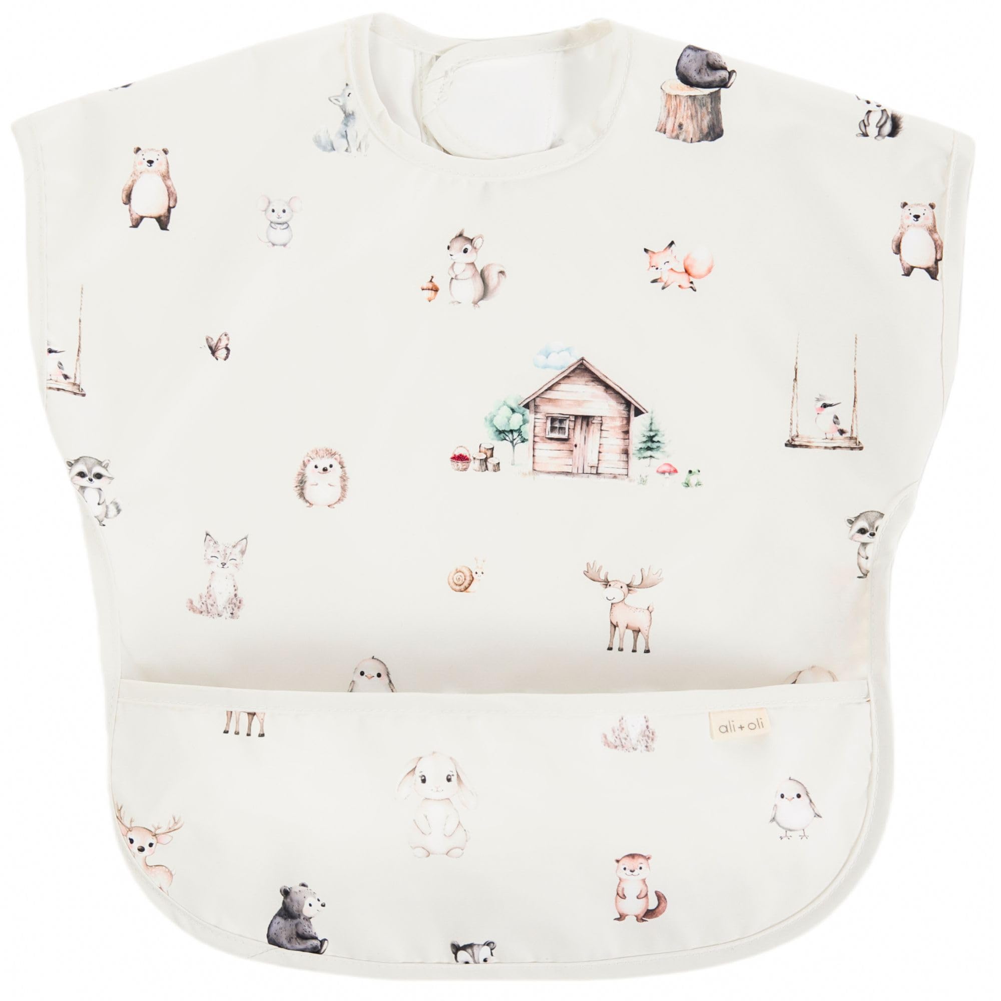 Ali+Oli Smock Bib Woodlands front view shows waterproof, easy-clean coverage during meals