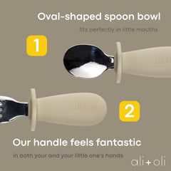Ali+Oli stainless steel fork and spoon with ergonomic silicone handle promotes comfortable grip