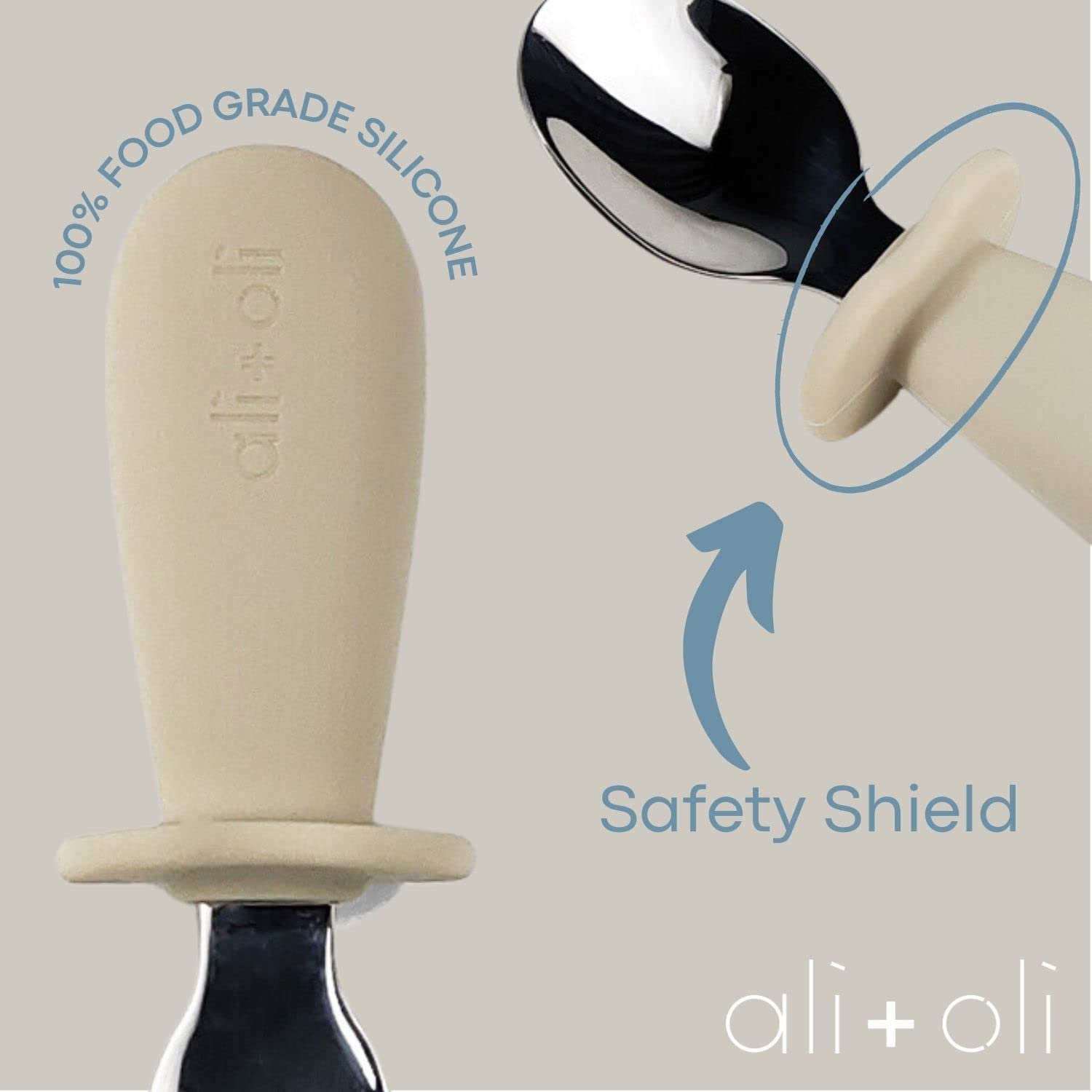 Ali+Oli khaki set with soft safety shield helps prevent deep spoon intrusion