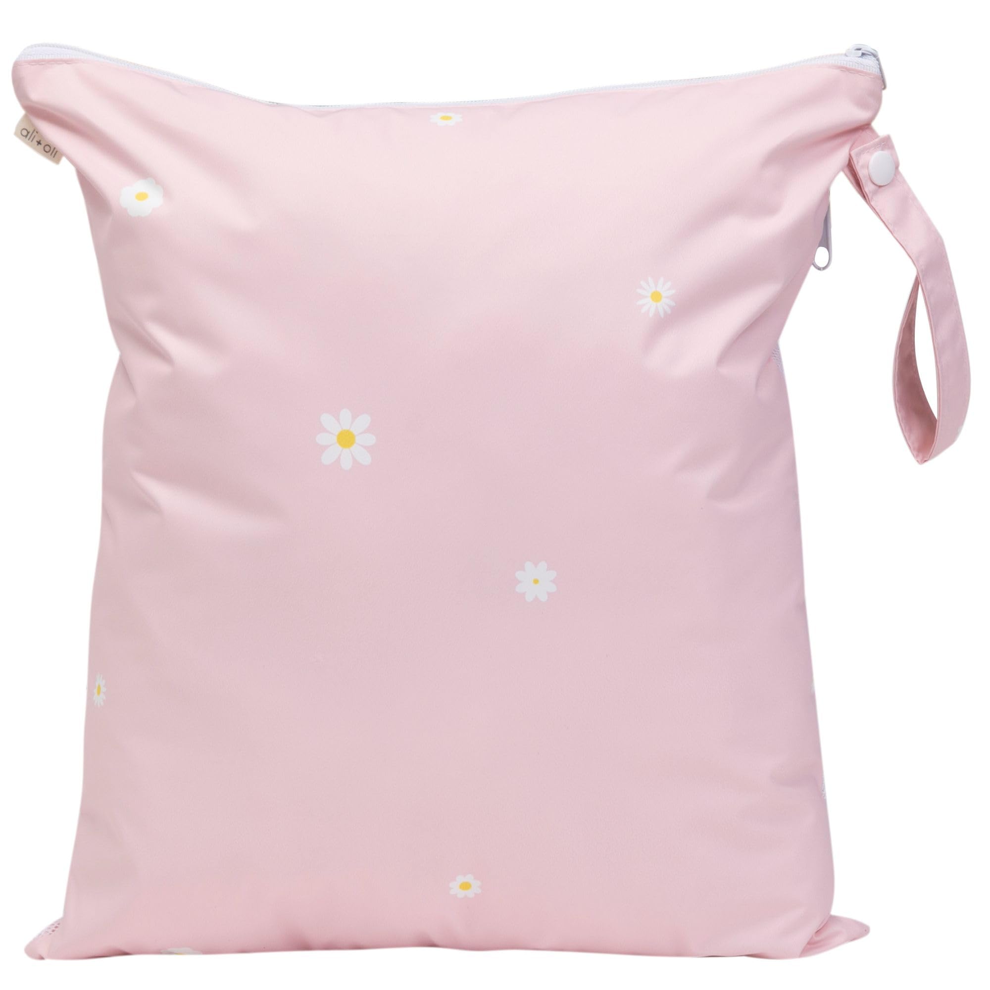 Ali+Oli wet/dry bag in blush-daisy color keeps essentials organized while traveling.