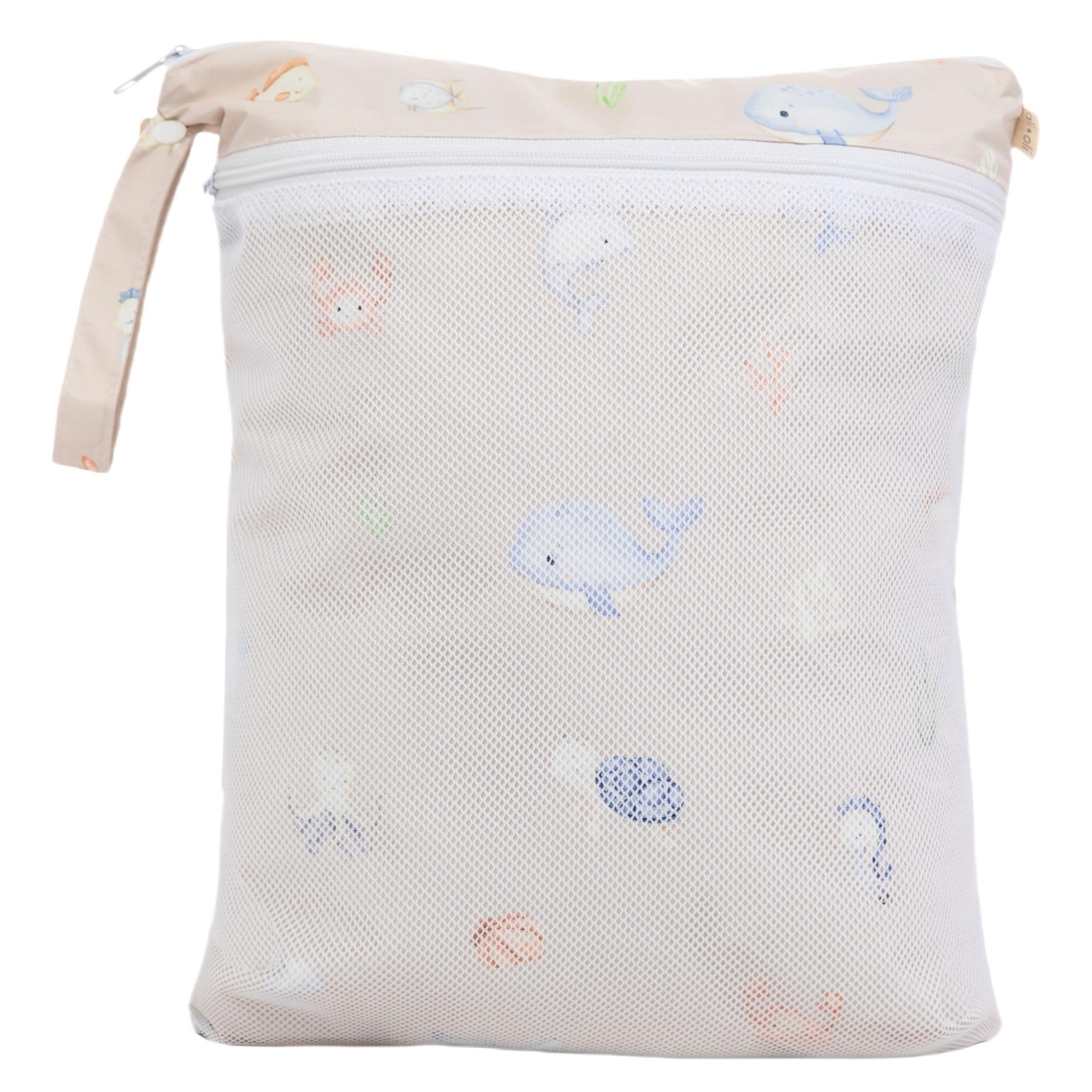 Ali+Oli wet-dry bag hooked to stroller for hands-free use.