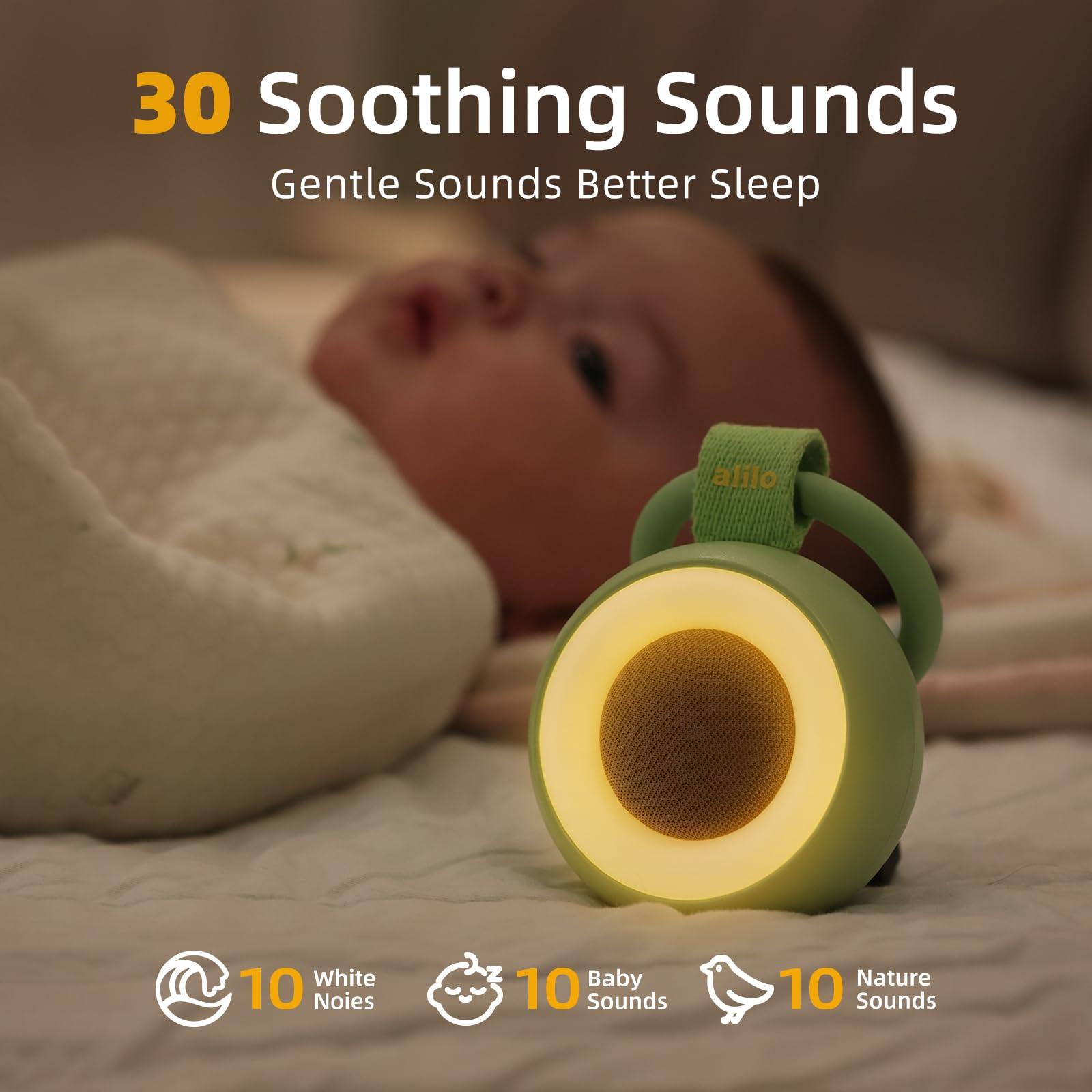 alilo Pocket Soother 30-sounds interface highlights versatile nap and travel calm options