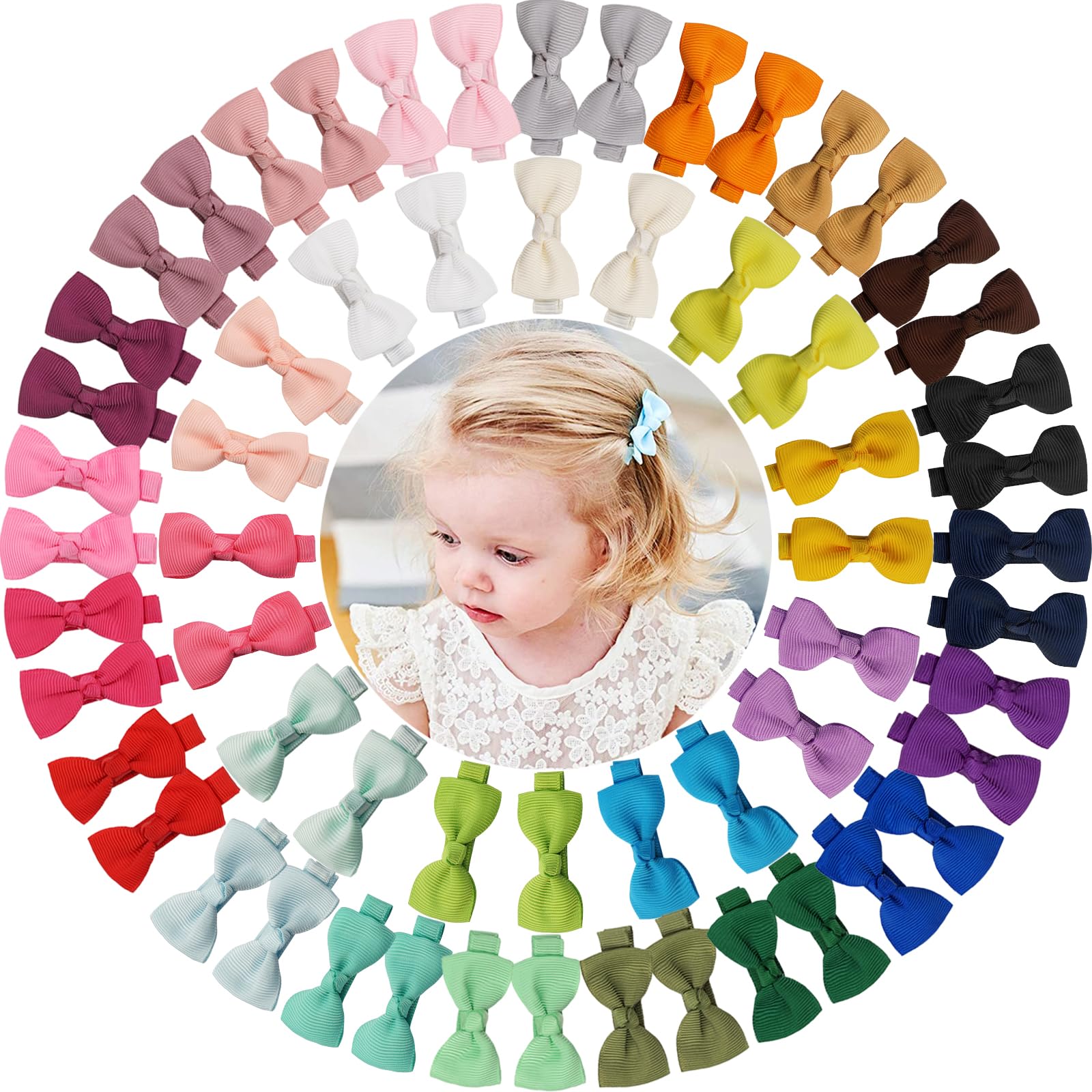 ALinmo baby hair clips 60-piece set with 2-inch bows for easy, colorful pigtail styling.