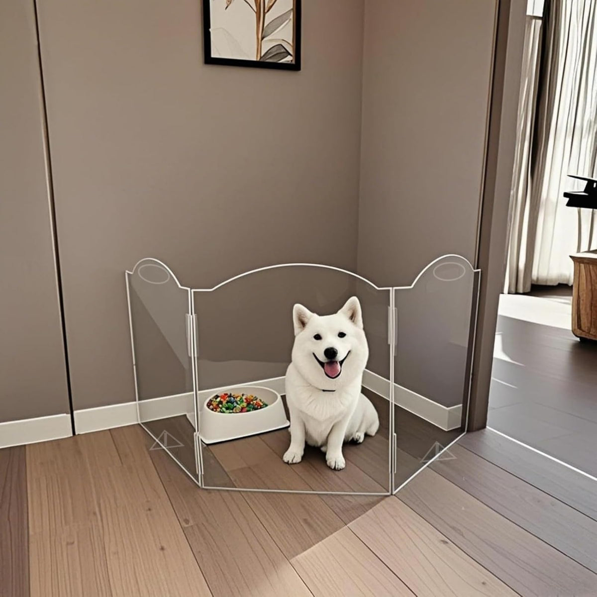 All Cheerful clear acrylic freestanding dog gate front view, stable doorway barrier.