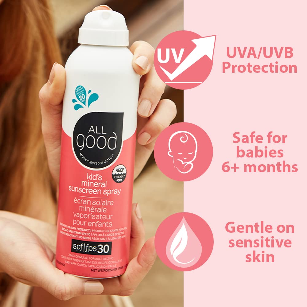 All Good Baby Sunscreen Spray kids playing and swimming highlighting water resistance