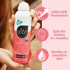 All Good Baby Sunscreen Spray kids playing and swimming highlighting water resistance