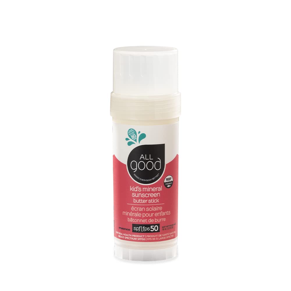 All Good Baby Sunscreen Butter Stick on the face provides gentle SPF protection for sensitive skin.