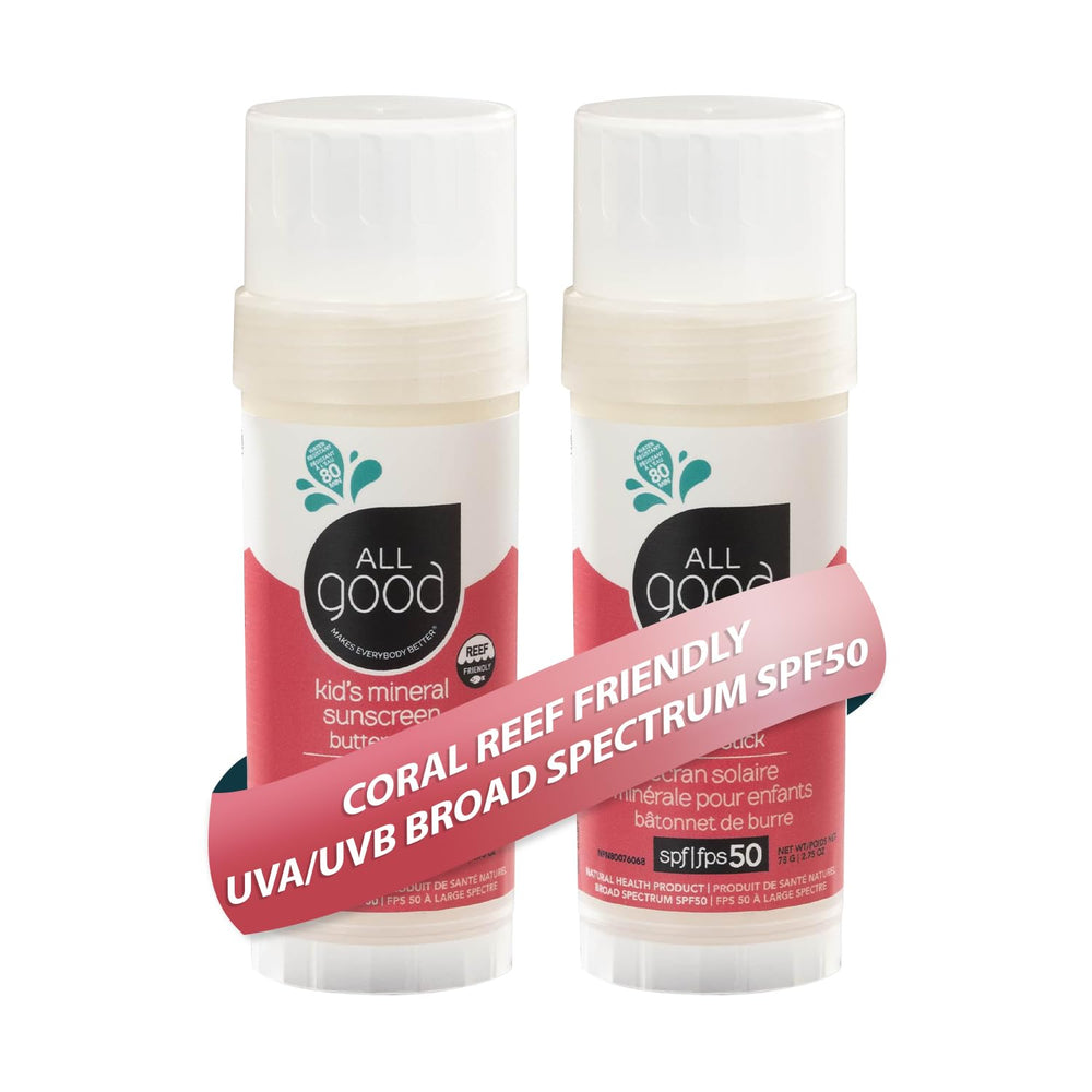 All Good Makes Everything Better Baby sunscreen butter stick applied on face for gentle, zinc-based protection.