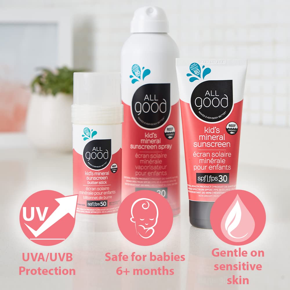 All Good Sunscreen Lotion SPF 30 label close-up highlights mineral zinc barrier.
