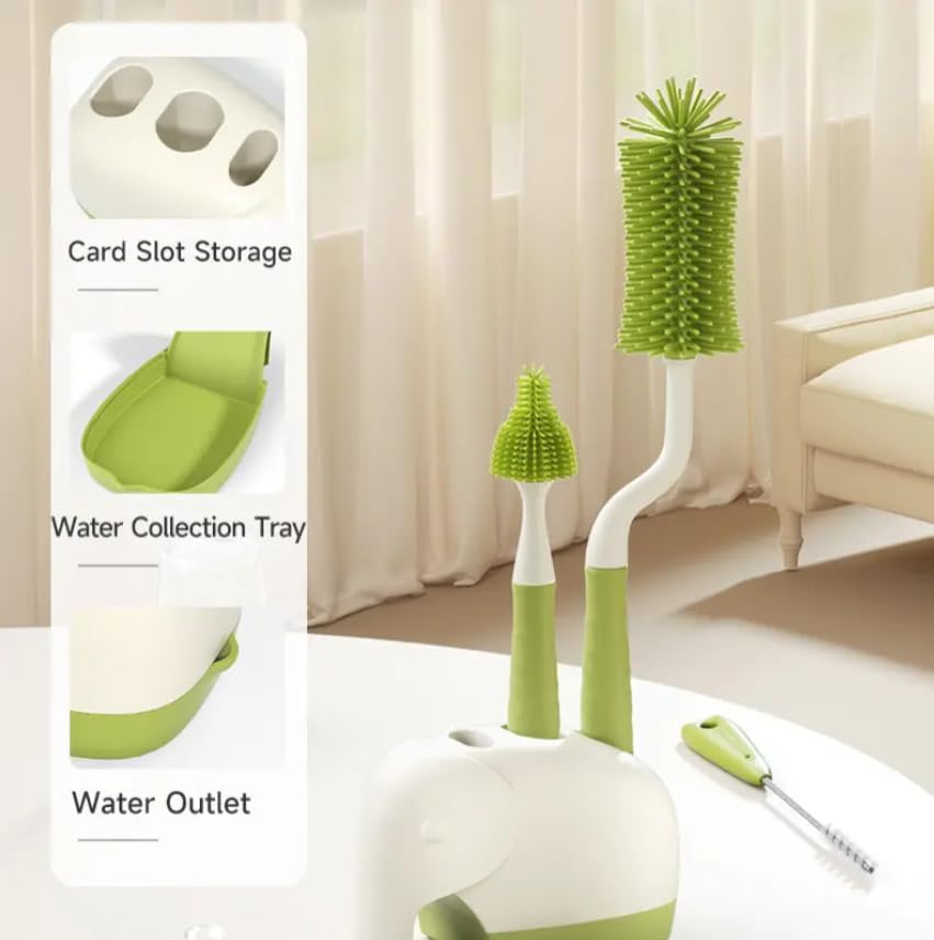 All-in-one bottle brush set green shown on countertop with storage rack