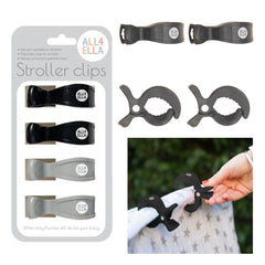 All4Ella stroller clip 4-pack mounted on a stroller for secure blanket attachments.