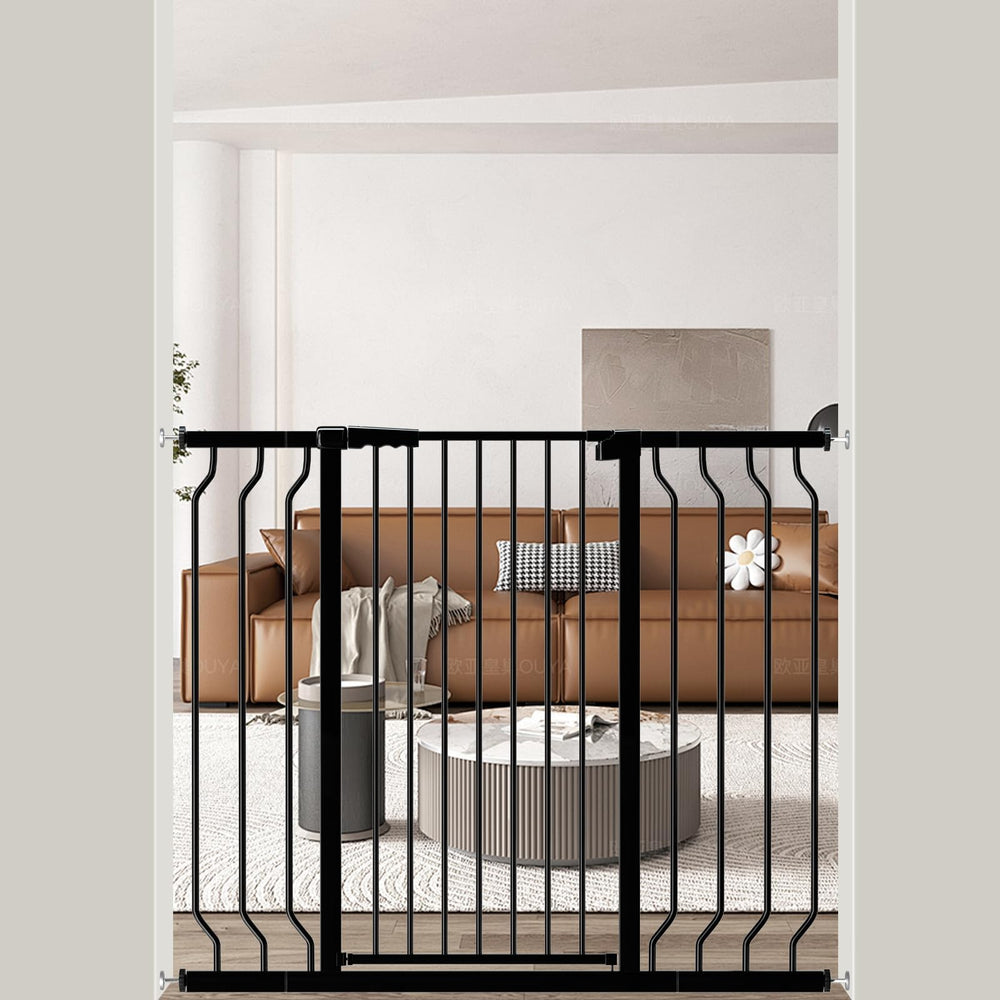 ALLAIBB baby gate black front view with sturdy steel construction for durable child safety.